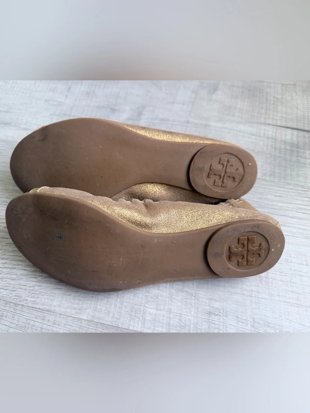 Tory Burch Metallic Gold Elastic Ballet Flats with Logo Bow 8